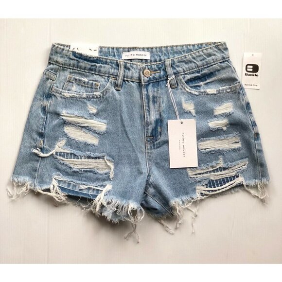 Flying monkey Womens Destruct Denim High Rise Frayed Hem Shorts Size 25, 27 - Picture 12 of 12